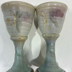 Art Pottery Chalices Ceramic Wine/Water Goblets Muted Floral Motif Very Unique